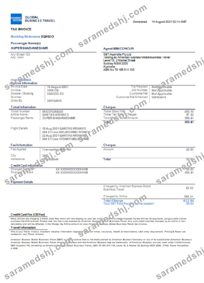 USA American Express invoice